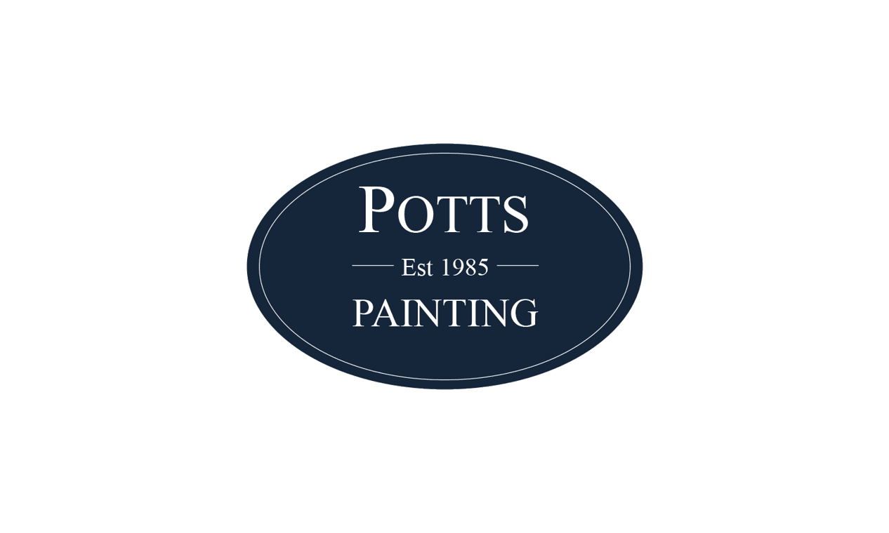 This is an image from Potts Painting, located in Washington. The logo for Potts Painting features white serif lettering inside a navy blue oval with thin white border lines and the text Est 1985.