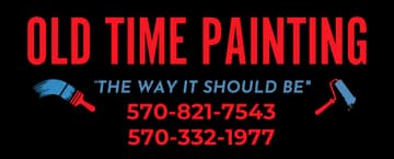 This is an image from Old Time Painting company, located in Hanover, PA,. The image is an Old Time Painting logo with red text and blue and red paint strokes.