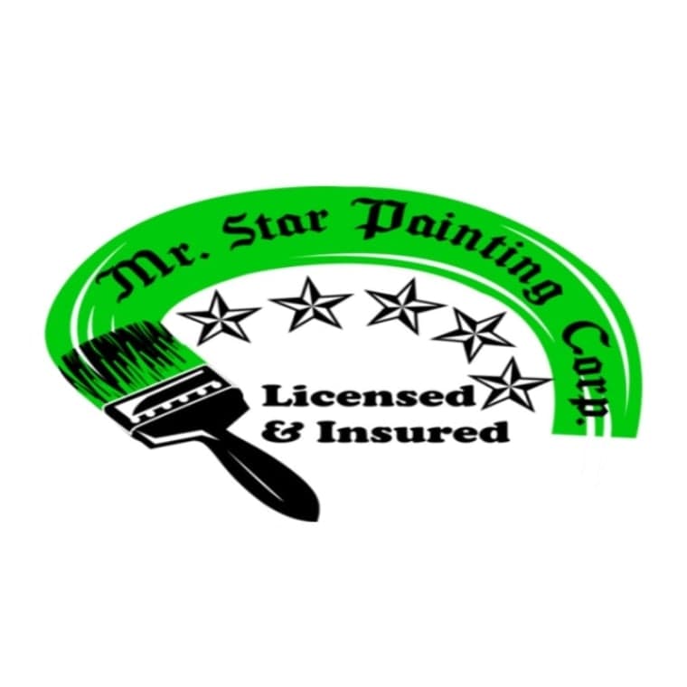This is an image from Mr. Star Painting Corp, located in New York. The logo for Mr. Star Painting Corp features a green paint-swipe arc with five stars and a black paintbrush graphic beside the text 'Licensed & Insured.