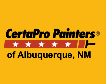 This is an image from CertaPro Painters of Albuquerque, located in New Mexico. The logo for CertaPro Painters features bold black text on a yellow background with five white stars and a red paint roller design.