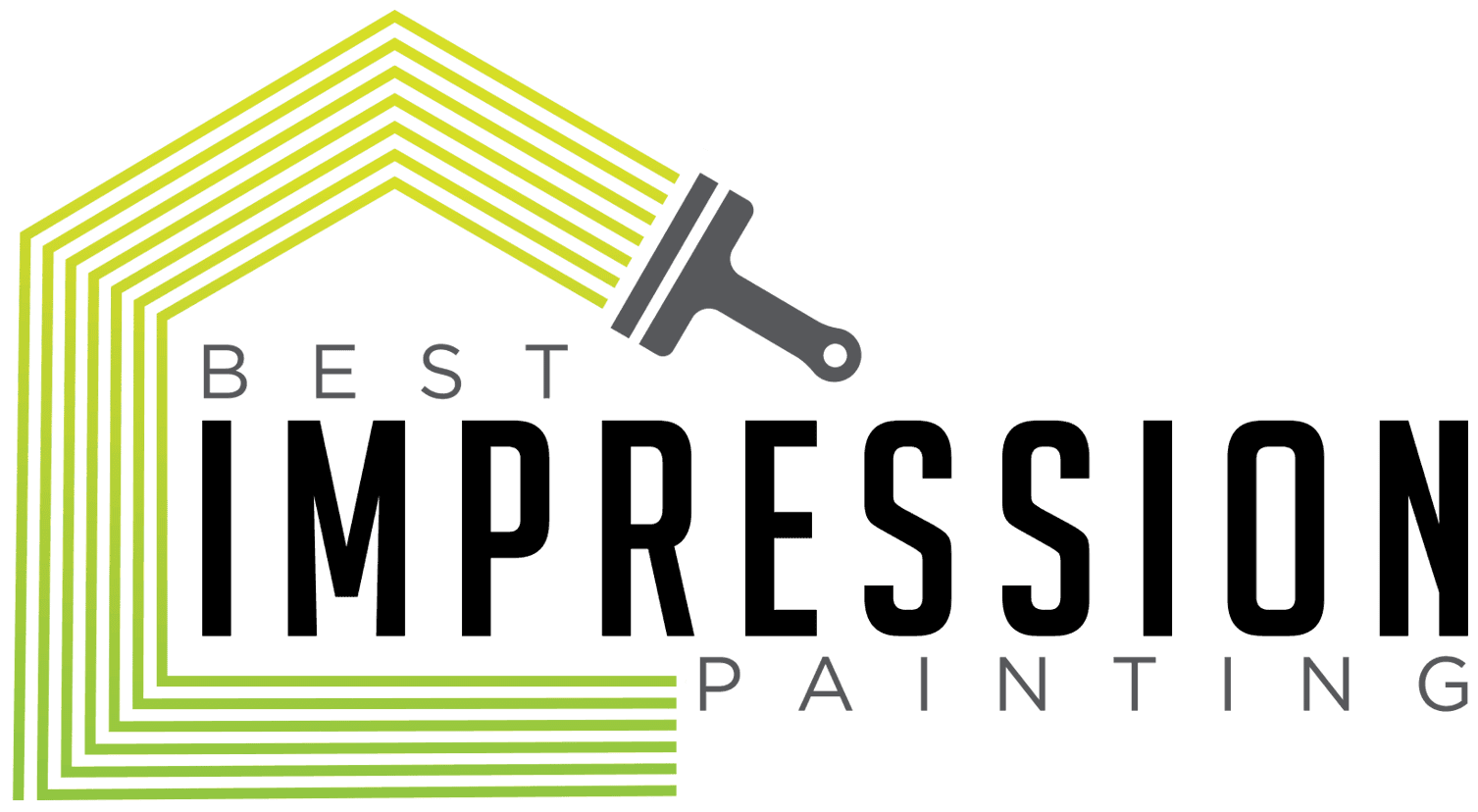 This is an image from Best Impression Painting, located in Ohio. The logo features a modern house outline formed by green lines with a paint roller icon, representing residential painting services.
