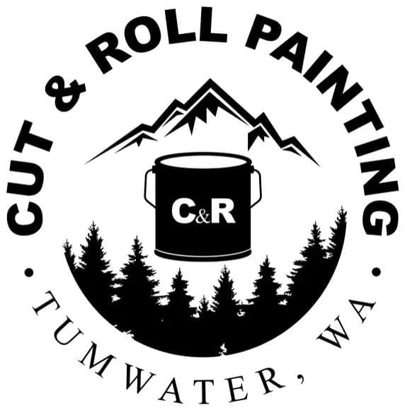 This is an image from Cut & Roll Painting LLC, located in Washington. The logo for Cut & Roll Painting LLC features a black-and-white paint bucket with C&R lettering, mountain peaks, pine trees, and curved text reading Cut & Roll Painting Tumwater, WA.