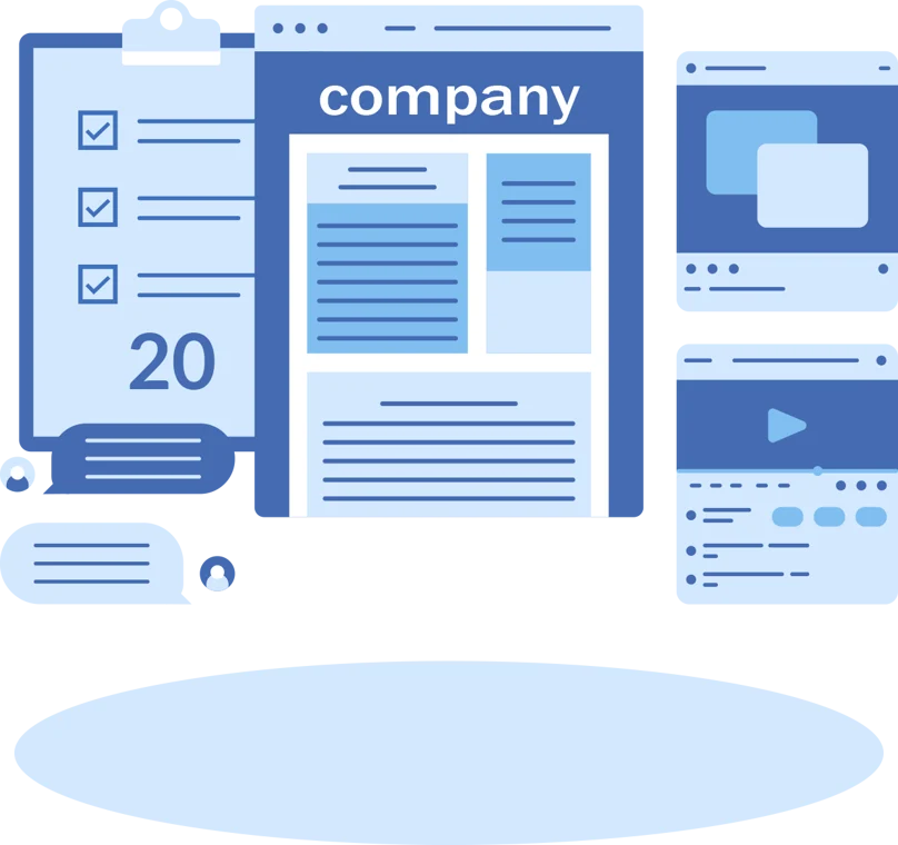 Illustration of a company website and digital presence with a checklist, webpage layout, social media post, and video interface elements