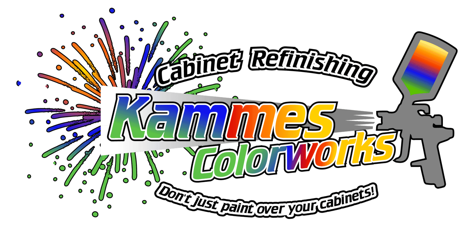 This is an image from Kammes Colorworks, located in Illinois. The logo for Kammes Colorworks features multicolored text with paint splashes, a spray gun graphic, and the words Cabinet Refinishing.