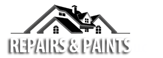 Logo for Repairs & Paints LLC, featuring a black and white house roofline design with bold text displaying the company name beneath it.