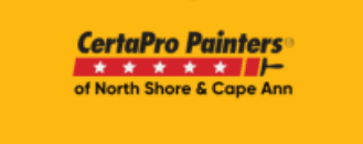 This is an image from CertaPro Painters of North Shore & Cape Ann, located in Massachusetts. The logo for CertaPro Painters features bold black text on a yellow background with a red stripe and five white stars, symbolizing professional painting excellence.