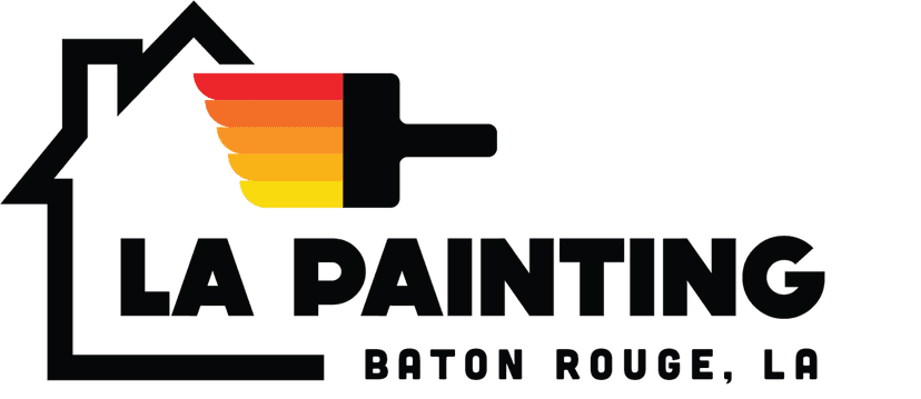 This is an image from LA Painting, located in Louisiana. The logo for LA Painting features a stylized paint roller with red, orange, and yellow gradient stripes inside the outline of a house, along with bold black text reading ‘LA Painting Baton Rouge, LA.