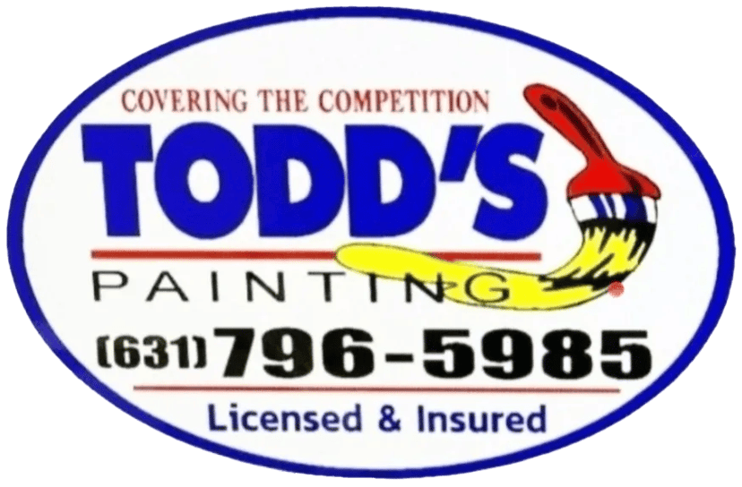 This is an image from Todd's Painting, located in New York. The logo for Todd's Painting features bold blue text with a red paintbrush creating a yellow paint swoosh beneath the word 'PAINTING.