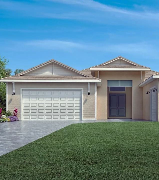 This is an image from Fresh Look Painting company, located in Sarasota, FL. The image is a freshly painted modern single-story home exterior with tan walls, white trim, and double garage, completed by Fresh Look Painting LLC