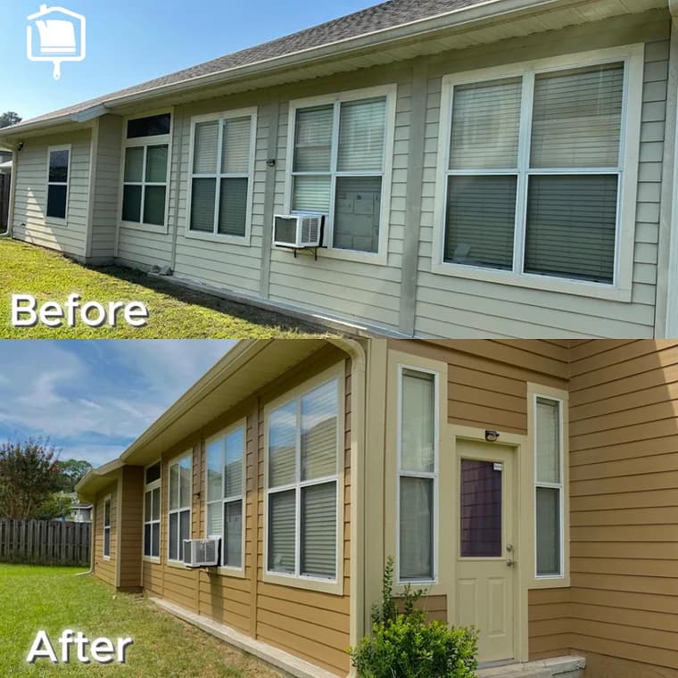 This is an image from HH Painting company, located in Gainesville, FL. The image is a before and after exterior house painting showing transformation from faded beige siding to rich golden-brown finish with cream trim