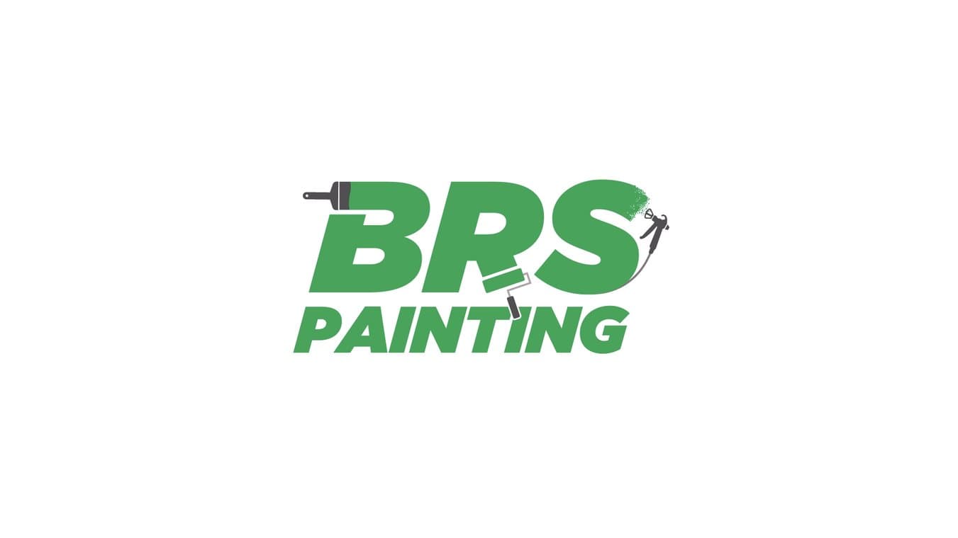 This is an image from BRS Painting, located in Missouri. The logo for BRS Painting features bold green text with paint brush, roller, and spray gun graphics representing the painting company.