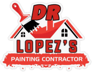 This is an image from Dr. Lopez's Painting LLC, located in North Carolina. The logo for Dr. Lopez's Painting Contractor features a red paintbrush above a house roofline with bold red and black text.