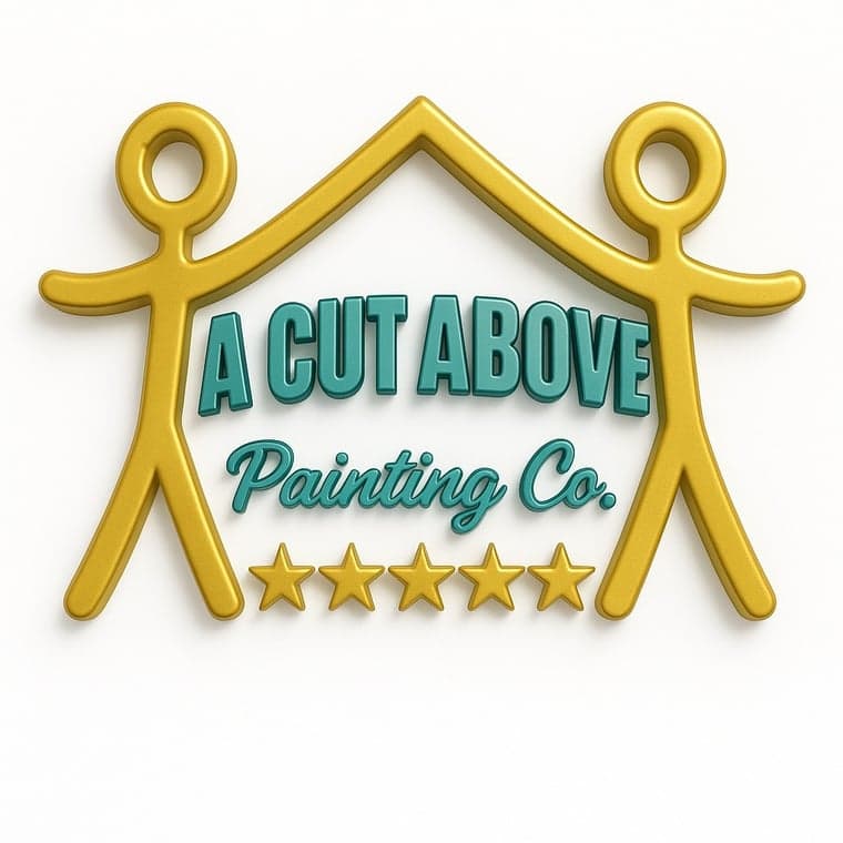 This is an image from A Cut Above Painting Co. company, located in Evans, GA The image is a A Cut Above Painting Co. logo with two gold stick figures forming a roof shape and five gold stars underneath