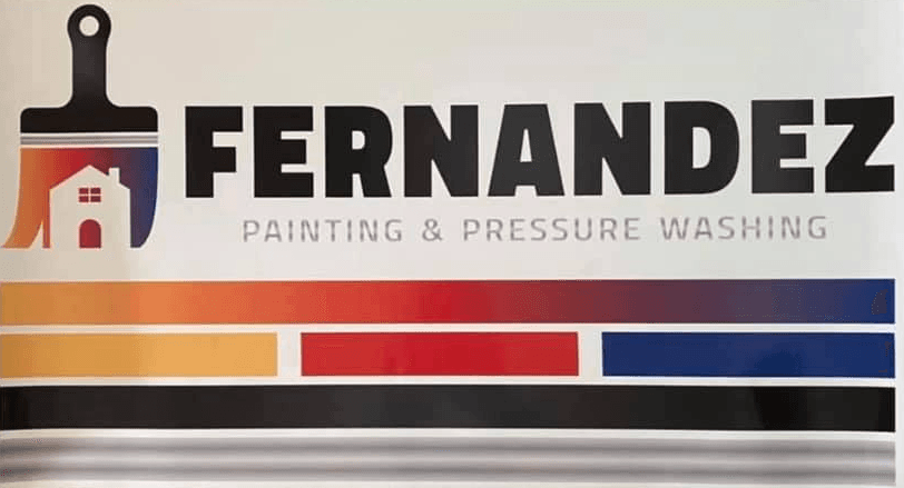 This is an image from Fernandez Painting & Pressure washing company, located in Erie, PA. The image is a Fernandez Painting and Pressure Washing logo with paintbrush icon and colorful red, orange, and blue design elements
