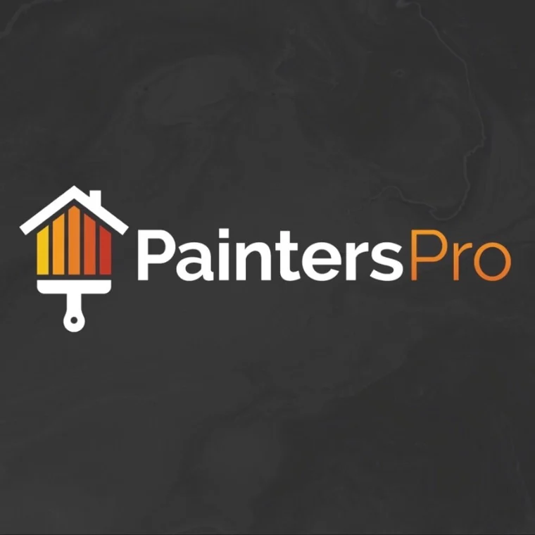 This is an image from Painters Pro, located in Missouri. The logo for Painters Pro features a stylized house and paintbrush icon with vertical paint bars in yellow, orange, and red, alongside clean white and orange text on a dark textured background.