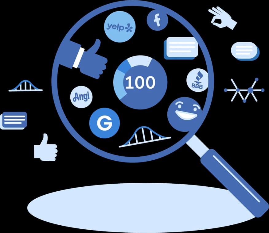 Review quality and engagement score visualized with a magnifying glass focusing on a score, surrounded by icons of feedback, data charts, and customer reviews