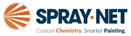 This is an image from Spray-Net Lexington, located in Kentucky. The logo for Spray-Net features bold orange and blue branding with a modern spray pattern design representing professional exterior coatings.