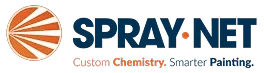 This is an image from Spray-Net Lexington, located in Kentucky. The logo for Spray-Net features bold orange and blue branding with a modern spray pattern design representing professional exterior coatings.