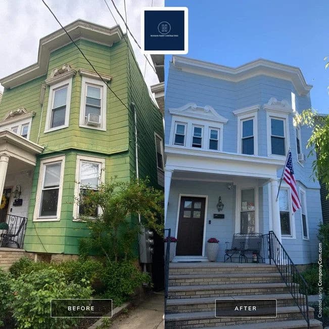 Before and after comparison of a two-story home exterior repainted from green to light blue with white trim by Hudson Paint Contracting.