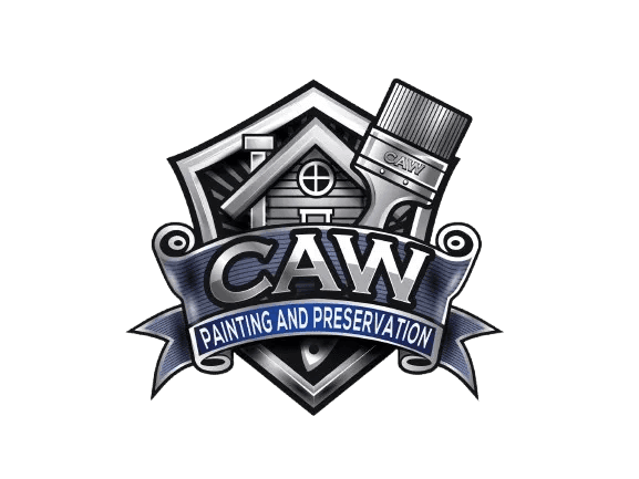 This is an image from CAW Painting and Preservation, located in Ohio. The logo for CAW Painting and Preservation features a detailed shield emblem with a house and paintbrush graphic, along with bold lettering in a blue and gray color scheme.