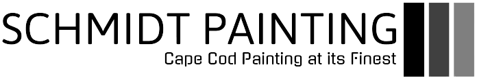 This is an image from Schmidt Painting, located in Massachusetts. It highlights a logo for Schmidt Painting, featuring the company name in black text with the tagline "Cape Cod Painting at its Finest" and three vertical paint swatches in varying shades of gray.