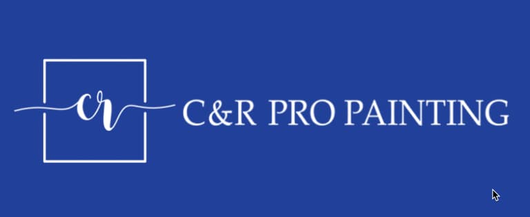 This is an image from C&R Pro Painting, located in Maryland. The logo for C&R Pro Painting features a deep blue background with a clean white square outline, stylized cursive “cr” lettering crossing the square, and bold serif text spelling out the company name to the right.