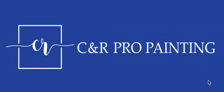 This is an image from C&R Pro Painting, located in Maryland. The logo for C&R Pro Painting features a deep blue background with a clean white square outline, stylized cursive “cr” lettering crossing the square, and bold serif text spelling out the company name to the right.
