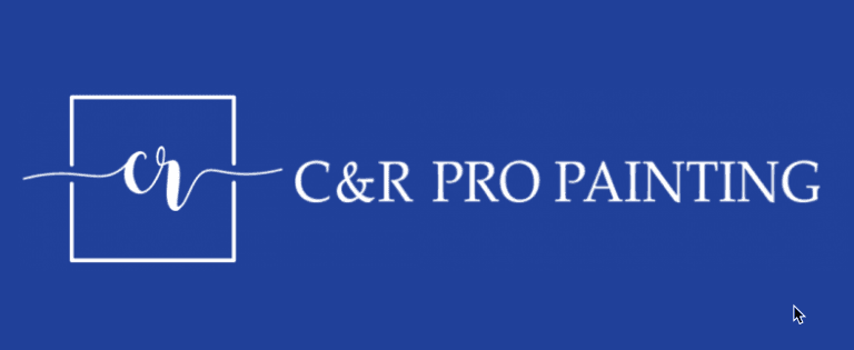 This is an image from C&R Pro Painting, located in Maryland. The logo for C&R Pro Painting features a deep blue background with a clean white square outline, stylized cursive “cr” lettering crossing the square, and bold serif text spelling out the company name to the right.