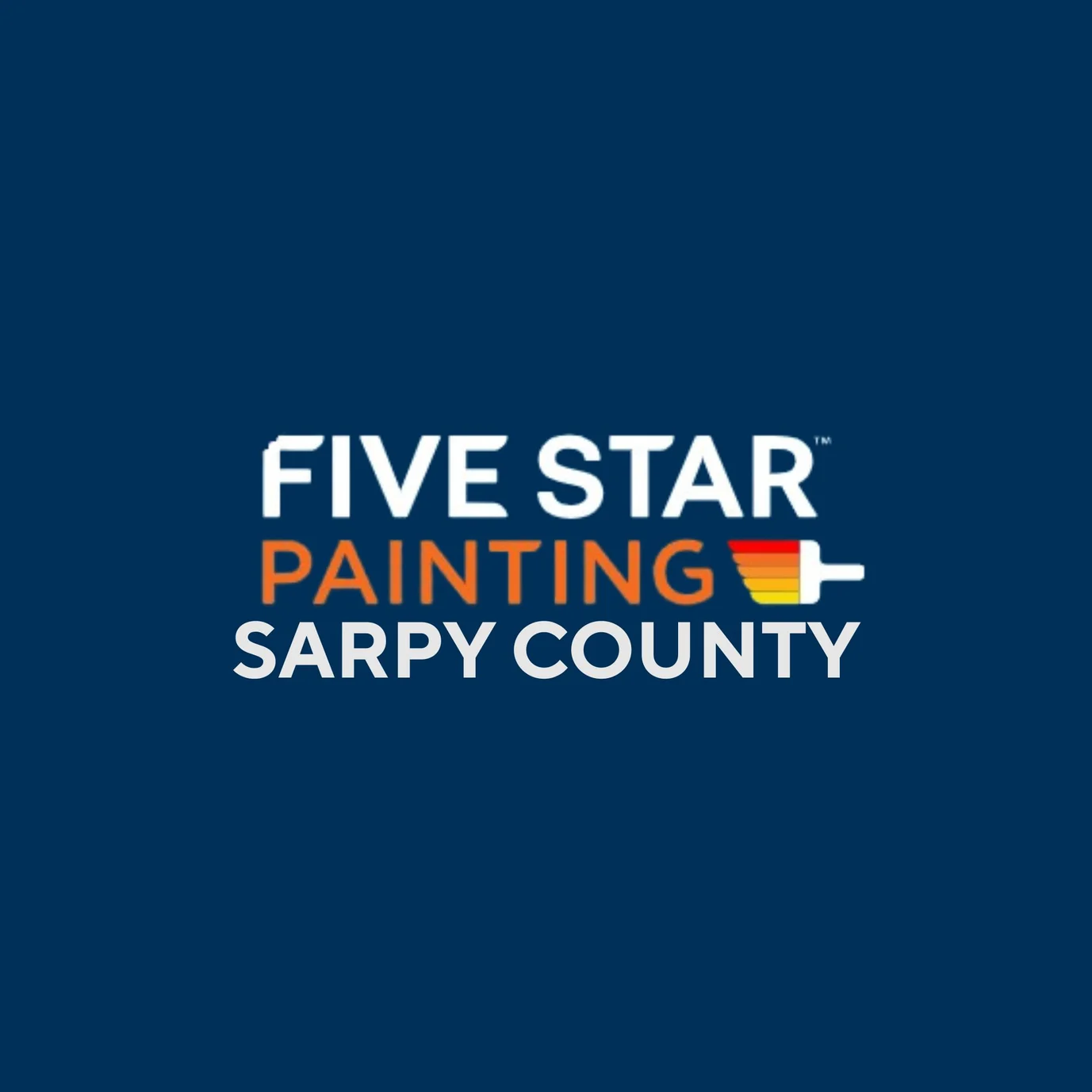 This is an image from Five Star Painting of Sarpy County, located in Nebraska. The logo for Five Star Painting of Sarpy County features white and orange text on a dark blue background with a multicolor paint roller graphic.