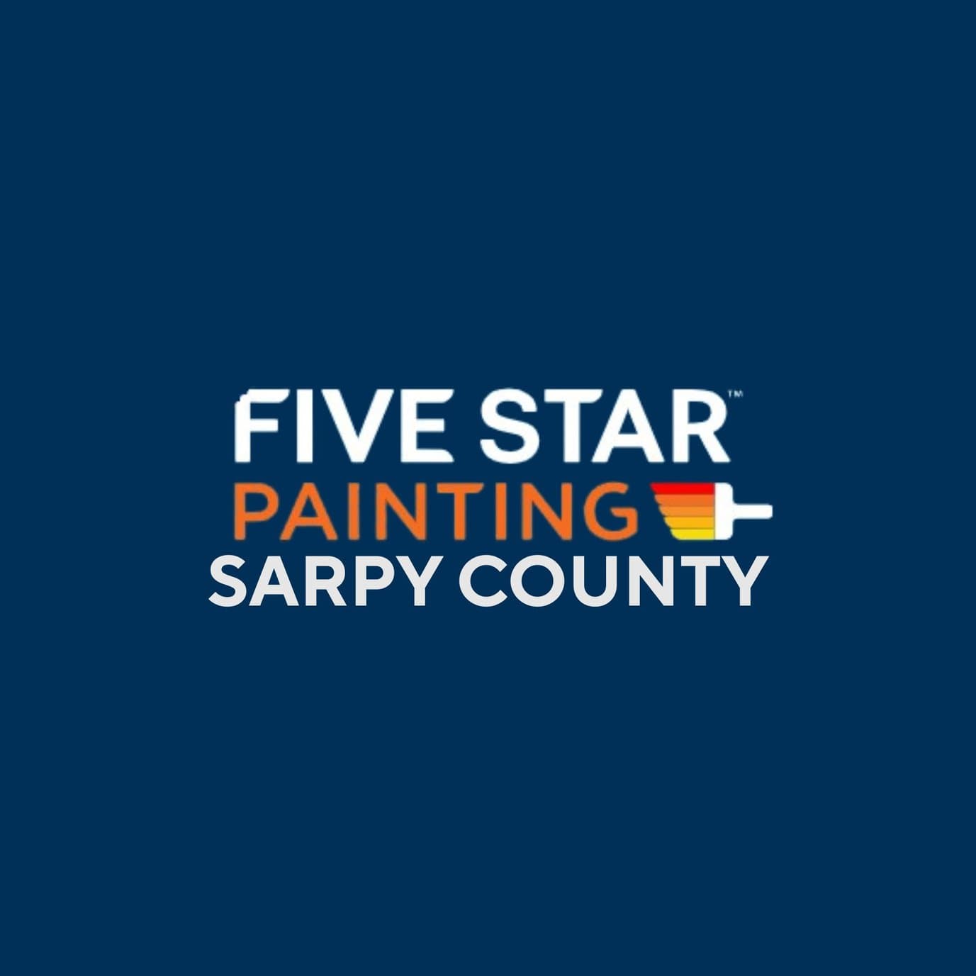 This is an image from Five Star Painting of Sarpy County, located in Nebraska. The logo for Five Star Painting of Sarpy County features white and orange text on a dark blue background with a multicolor paint roller graphic.