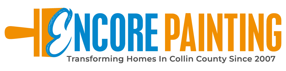 "This is an image from Encore Painting LLC, located in Texas. The logo for Encore Painting LLC features bold blue and orange lettering with a paintbrush graphic forming part of the design."