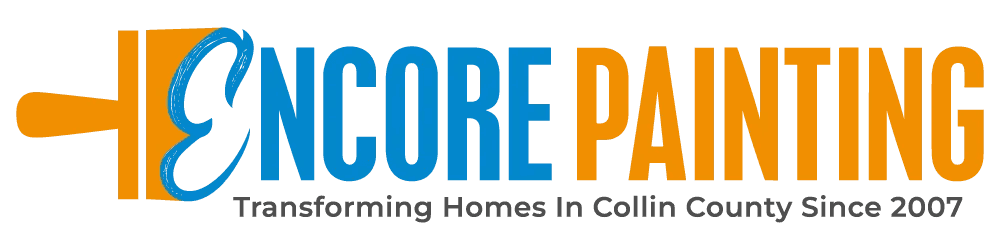 "This is an image from Encore Painting LLC, located in Texas. The logo for Encore Painting LLC features bold blue and orange lettering with a paintbrush graphic forming part of the design."