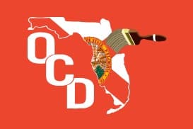 This is an image from OCD Painting and Flooring Inc, located in Florida. The logo for OCD Painting and Flooring Inc features bold white lettering over a Florida state graphic with a paintbrush design.