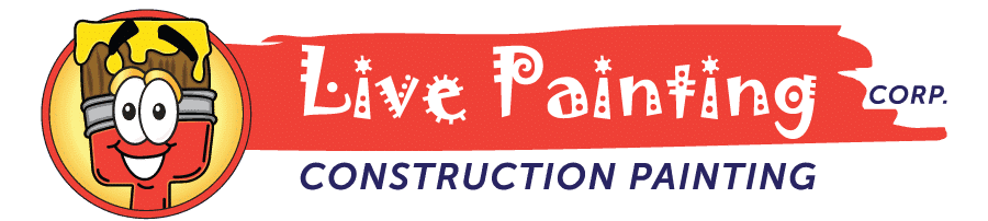This is an image from Live Painting Corp, located in Illinois. The logo for Live Painting Corp features a smiling cartoon paintbrush beside a red paint stroke with white company lettering and blue construction painting text.