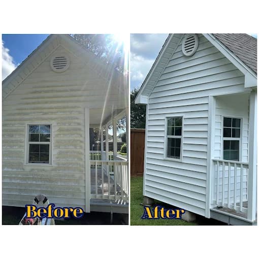 This is an image from Reed’s Home Improvement, located in Louisiana. The before-and-after photo shows a small house exterior that was cleaned and repainted, transforming from dull and weathered siding to bright white with a fresh, smooth finish.