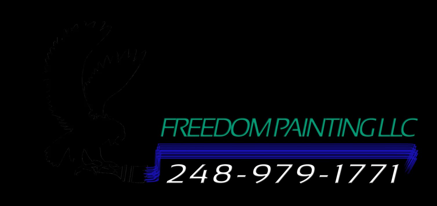 This is an image from Freedom Painting LLC, located in Michigan. The logo for Freedom Painting LLC features a black eagle silhouette perched on a paintbrush with teal company lettering and a blue brushstroke underline displaying the phone number.