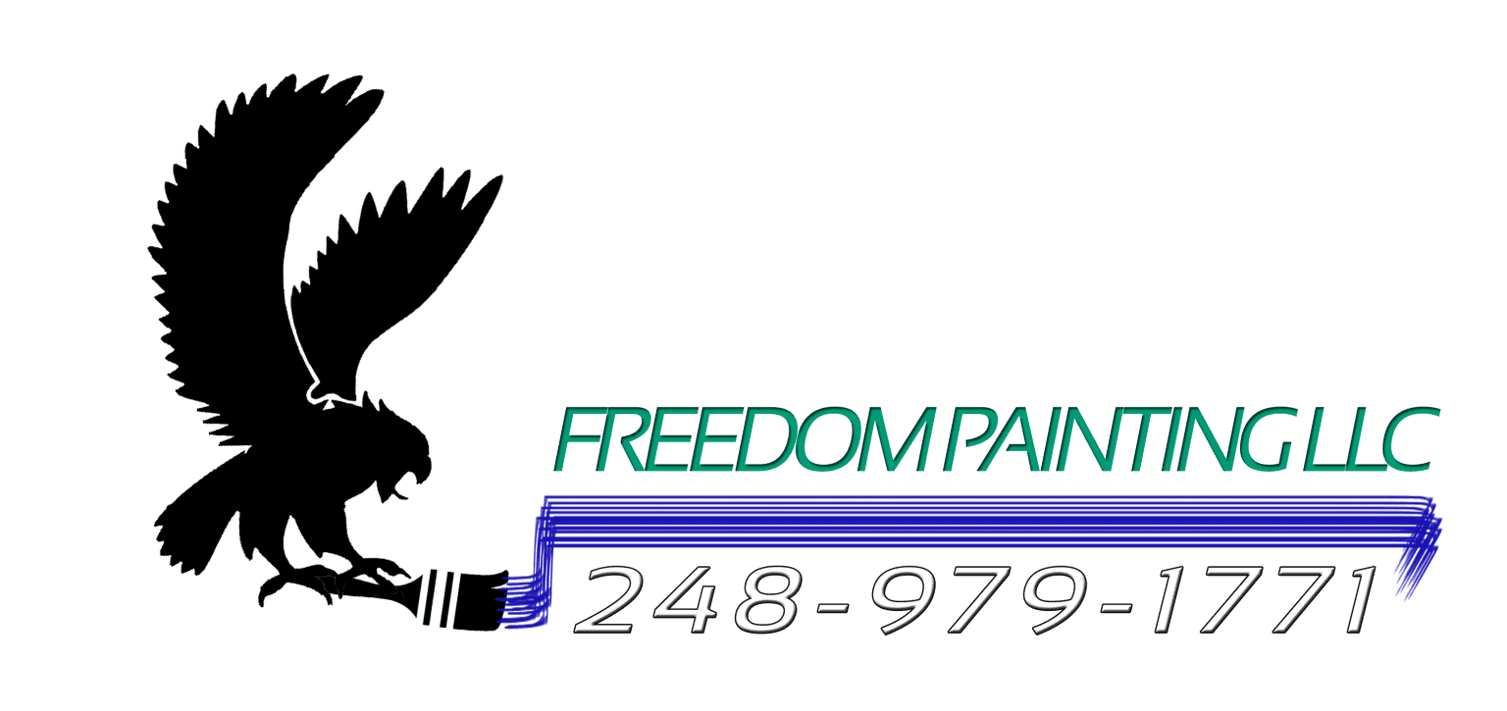This is an image from Freedom Painting LLC, located in Michigan. The logo for Freedom Painting LLC features a black eagle silhouette perched on a paintbrush with teal company lettering and a blue brushstroke underline displaying the phone number.