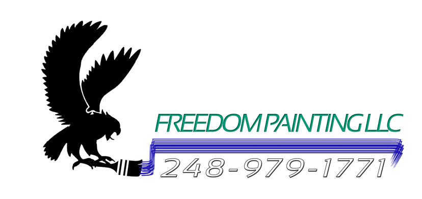 This is an image from Freedom Painting LLC, located in Michigan. The logo for Freedom Painting LLC features a black eagle silhouette perched on a paintbrush with teal company lettering and a blue brushstroke underline displaying the phone number.