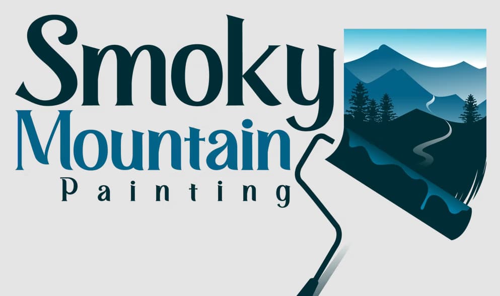 Smoky Mountain Painting logo for a painting company in Clarksville, Tennessee. The design features teal lettering, mountains, trees, and a paint roller.