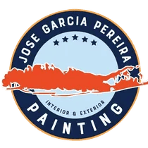 This is an image from Jose Garcia Pereira Painting, located in New York. The logo for Jose Garcia Pereira Painting features a circular badge design with a coastal landscape graphic, stars, and bold lettering highlighting interior and exterior painting services.