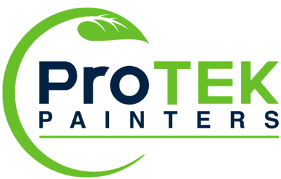 This is the logo for ProTEK Painters. It features the company name in dark blue and bright green lettering with a circular leaf design.