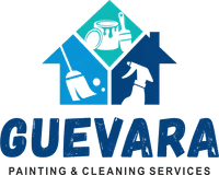 "This is an image from Guevara Painting & Cleaning Services, located in Texas. The logo for Guevara Painting & Cleaning Services features two overlapping house shapes in shades of blue and teal with paint roller icons inside."