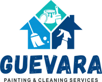 "This is an image from Guevara Painting & Cleaning Services, located in Texas. The logo for Guevara Painting & Cleaning Services features two overlapping house shapes in shades of blue and teal with paint roller icons inside."