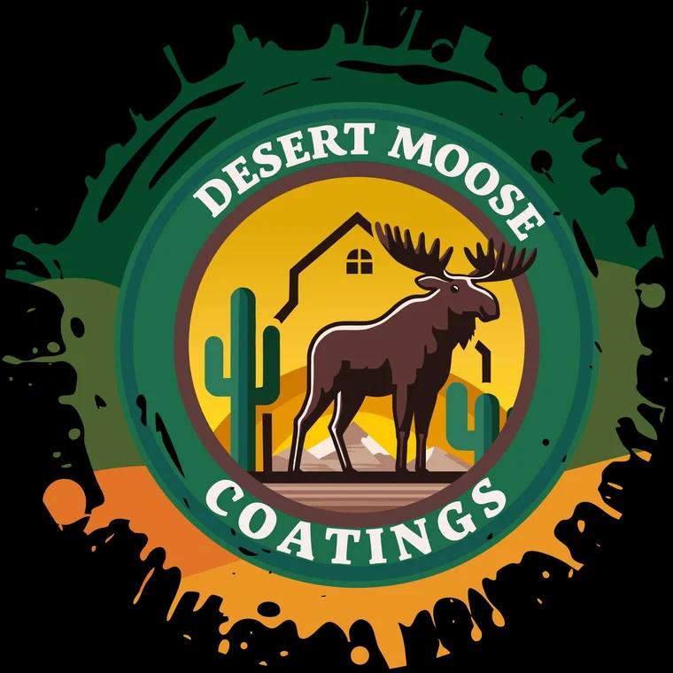 This is an image from Desert Moose Coatings, located in Arizona. The logo for Desert Moose Coatings features a moose standing in a desert scene with cactus graphics, a house outline, green circular text, and paint-splatter accents.