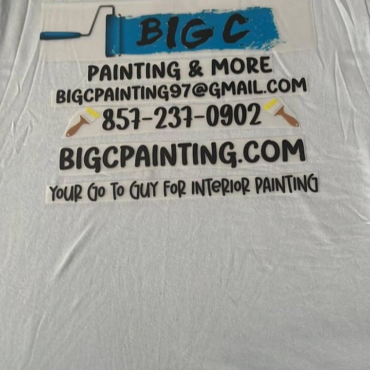 This is an image from Big C Painting & More, located in Massachusetts. The logo for Big C Painting & More features bold lettering with a blue paint roller graphic, the company name, contact phone number, website URL, and the slogan highlighting interior painting services.