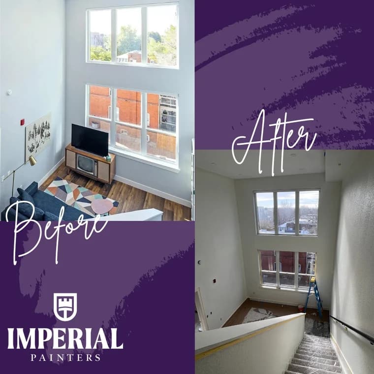 This is an image from Imperial Painters Company, located in Denver, CO The image is a n Imperial Painters before and after comparison showing freshly painted living room and stairwell with bright white walls and clean finish in a modern Denver home