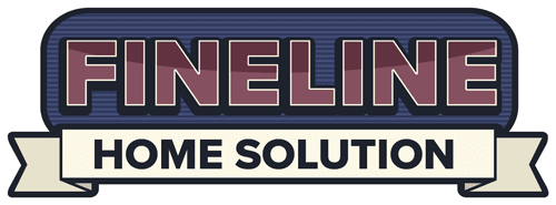 This is an image from Fine Line Home Solution, located in Washington. The logo for Fine Line Home Solution features bold mauve 'FINELINE' text on a navy blue sign-style banner, with 'HOME SOLUTION' displayed in dark lettering on a cream-colored ribbon below.