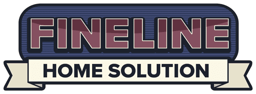 This is an image from Fine Line Home Solution, located in Washington. The logo for Fine Line Home Solution features bold mauve 'FINELINE' text on a navy blue sign-style banner, with 'HOME SOLUTION' displayed in dark lettering on a cream-colored ribbon below.