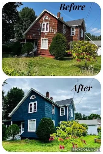 This is an image from Pancione Painting Plus LLC, located in Massachusetts. The before-and-after exterior photo shows a two-story home transformed from worn red siding to a refreshed deep blue color with white trim.