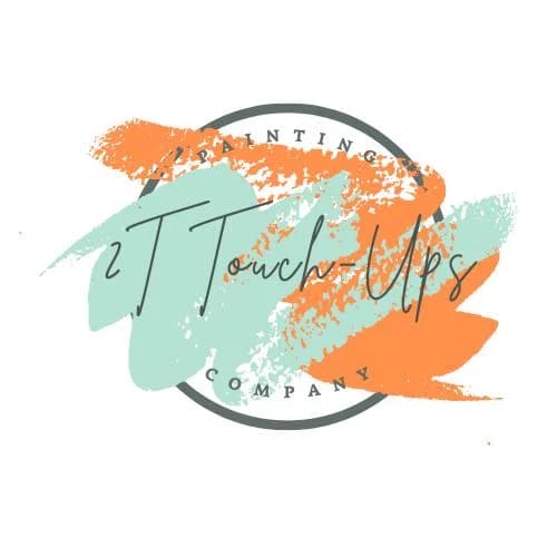 This is an image from 2T Touch Ups company, located in Freeport, FL. The image is a 2T Touch-Ups Painting Company logo with artistic mint green and orange brush strokes over a circular frame with modern handwritten text